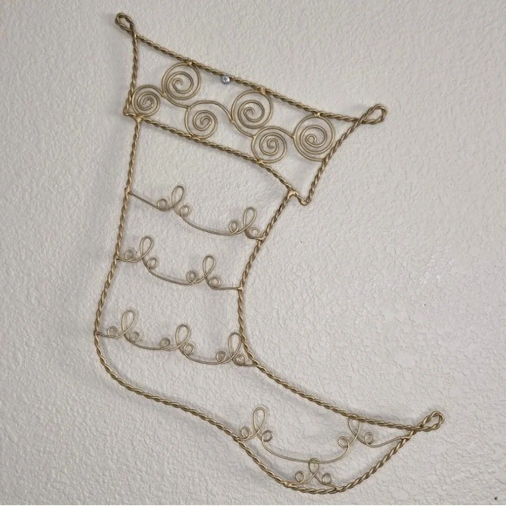 Pier 1 Gold Scrolled Metal Wire Christmas Stocking Shaped Card Holder Wall Decor